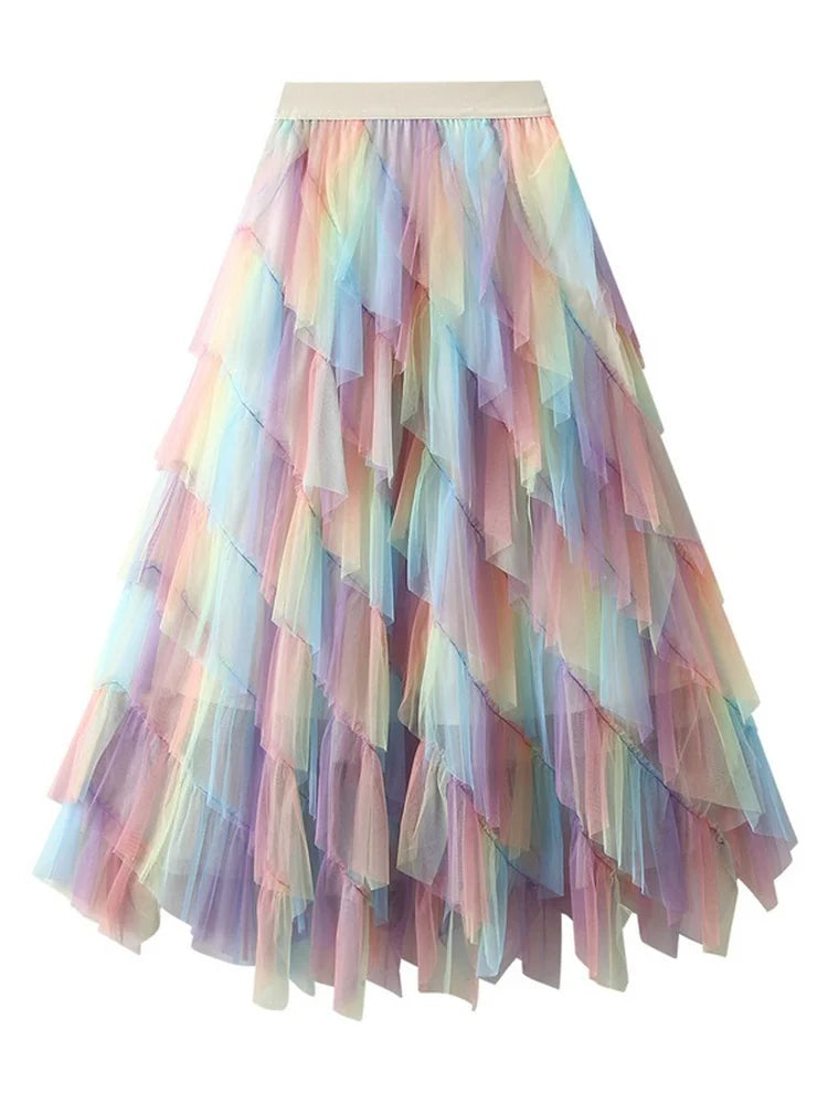 Gradient Mesh Midi Skirt - Irregular High Elastic Ruffle Patchwork Rainbow Tutu for Parties Holidays & Brides - 4