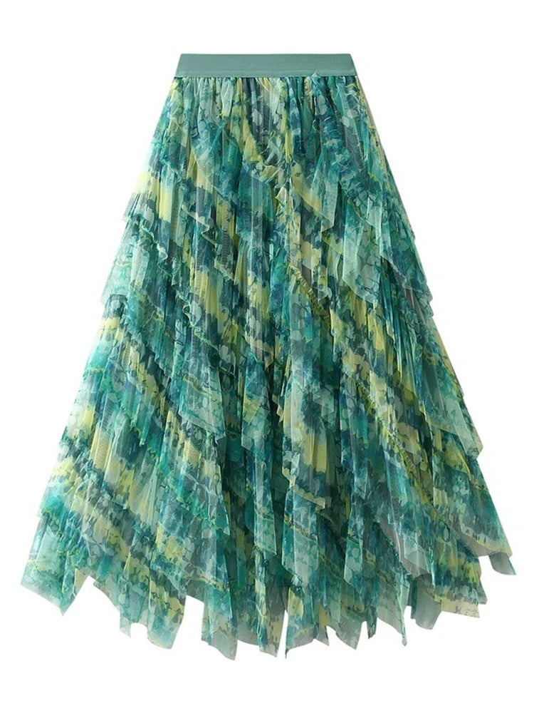 Gradient Mesh Midi Skirt - Irregular High Elastic Ruffle Patchwork Rainbow Tutu for Parties Holidays & Brides - 2