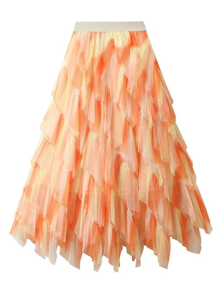 Gradient Mesh Midi Skirt - Irregular High Elastic Ruffle Patchwork Rainbow Tutu for Parties Holidays & Brides - 3