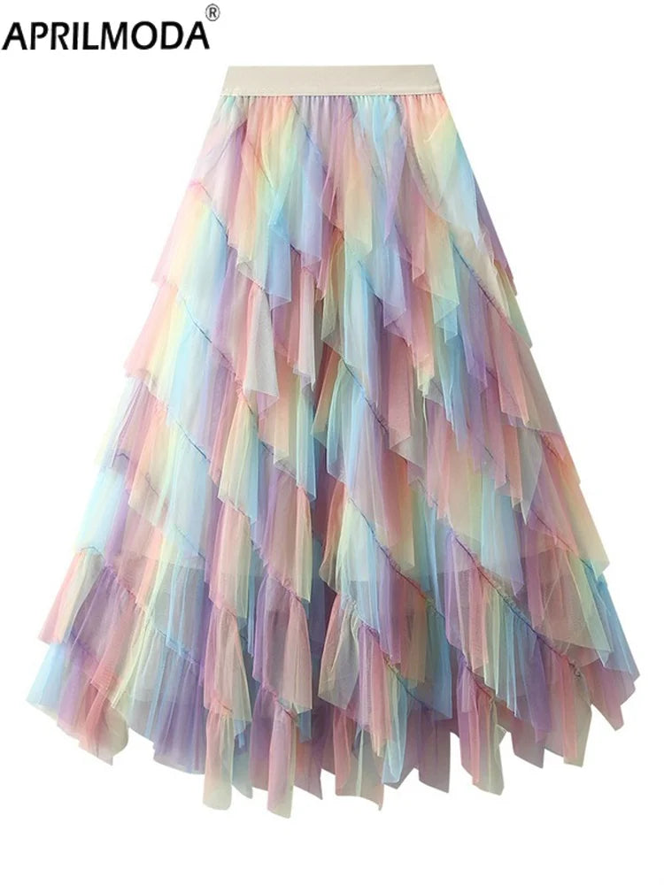 Gradient Mesh Midi Skirt - Irregular High Elastic Ruffle Patchwork Rainbow Tutu for Parties Holidays & Brides - Midi