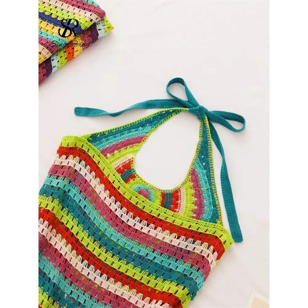 Halter Striped Knitted Sundress Backless Hook Flower Hollow Out Women Sexy Bohemian Beach Party Dresses - Dress