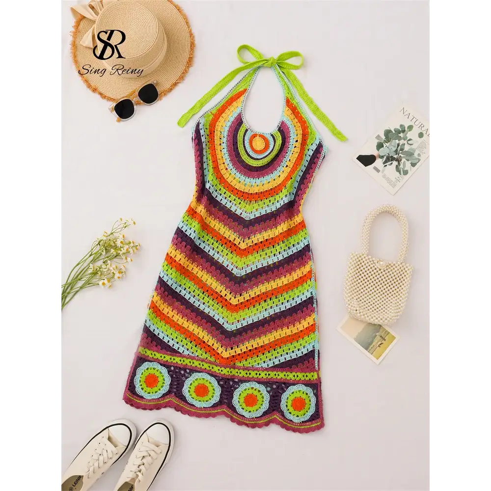 Halter Striped Knitted Sundress Backless Hook Flower Hollow Out Women Sexy Bohemian Beach Party Dresses - green