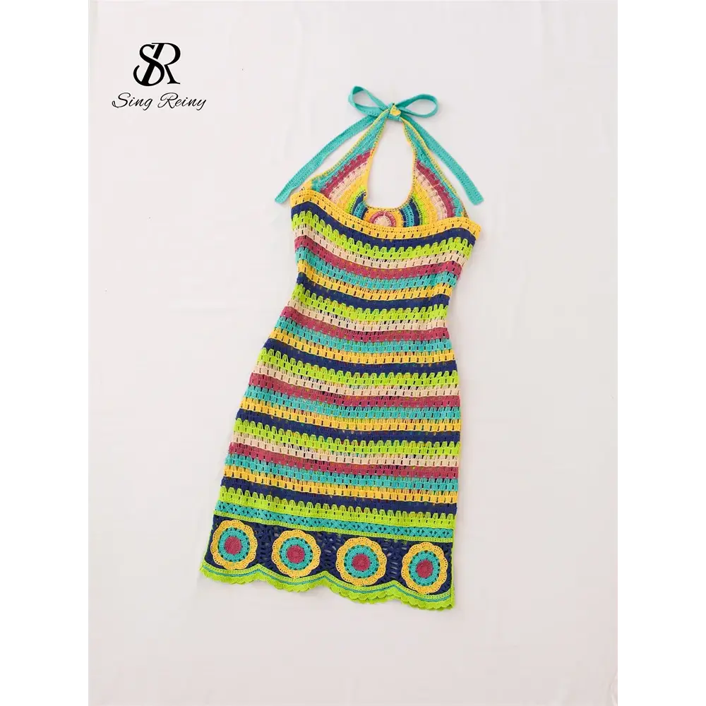 Halter Striped Knitted Sundress Backless Hook Flower Hollow Out Women Sexy Bohemian Beach Party Dresses - Dress