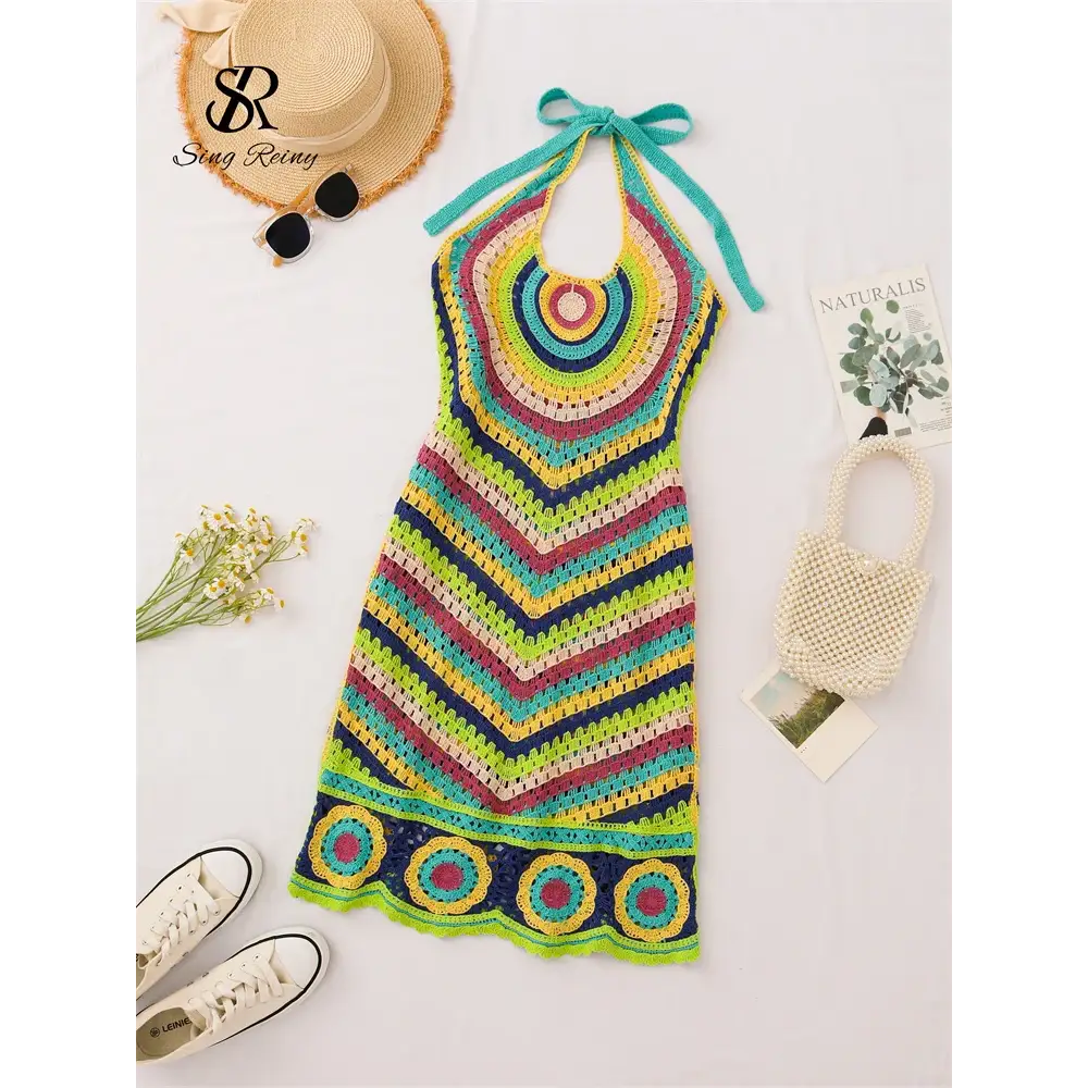 Halter Striped Knitted Sundress Backless Hook Flower Hollow Out Women Sexy Bohemian Beach Party Dresses - blue