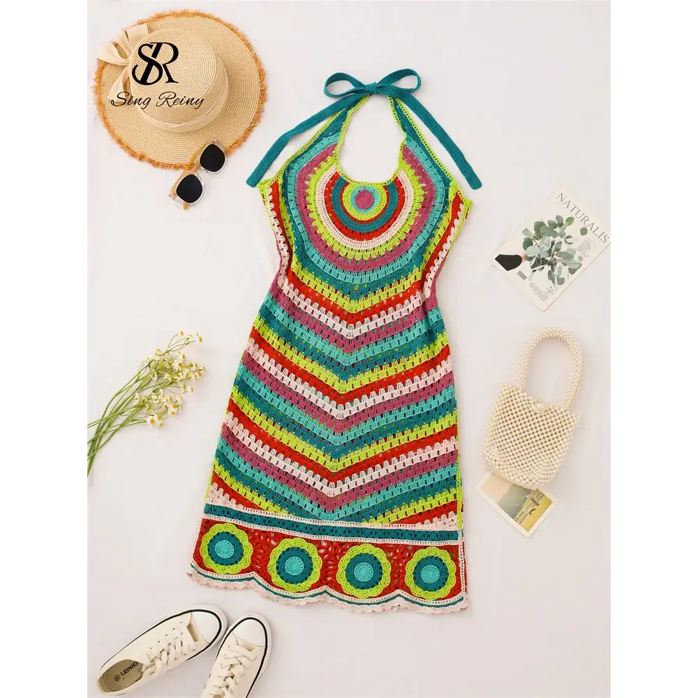 Halter Striped Knitted Sundress Backless Hook Flower Hollow Out Women Sexy Bohemian Beach Party Dresses - dark green