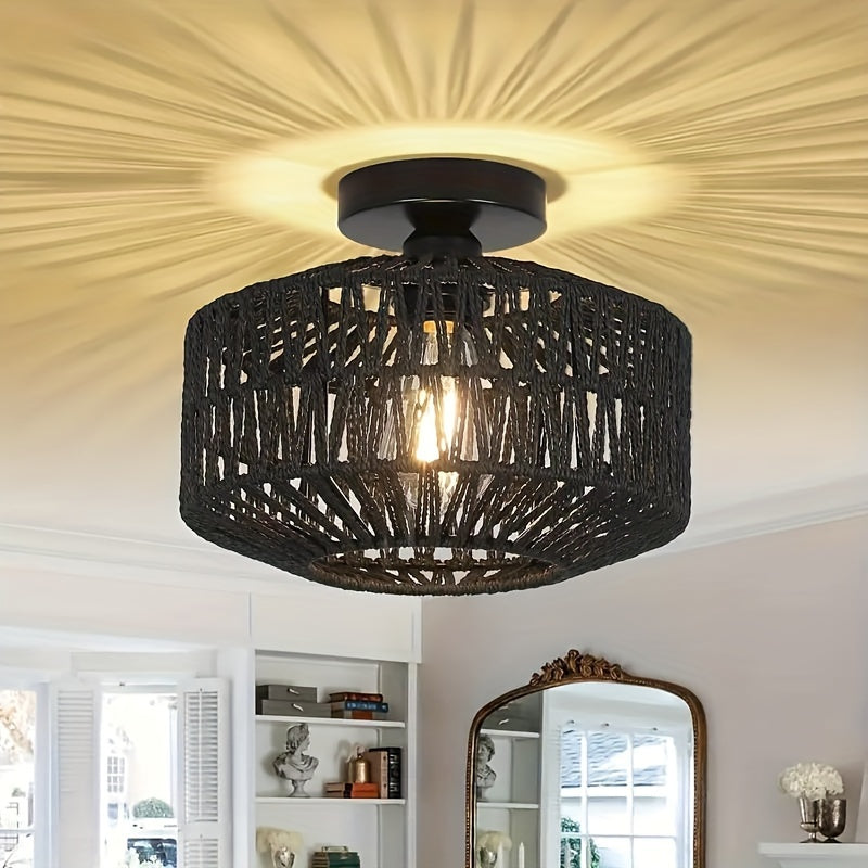 Handcrafted Rattan Bohemian Ceiling Light – Rustic Boho Charm for Bedroom Hallway Kitchen & Entryway (Light Bulb