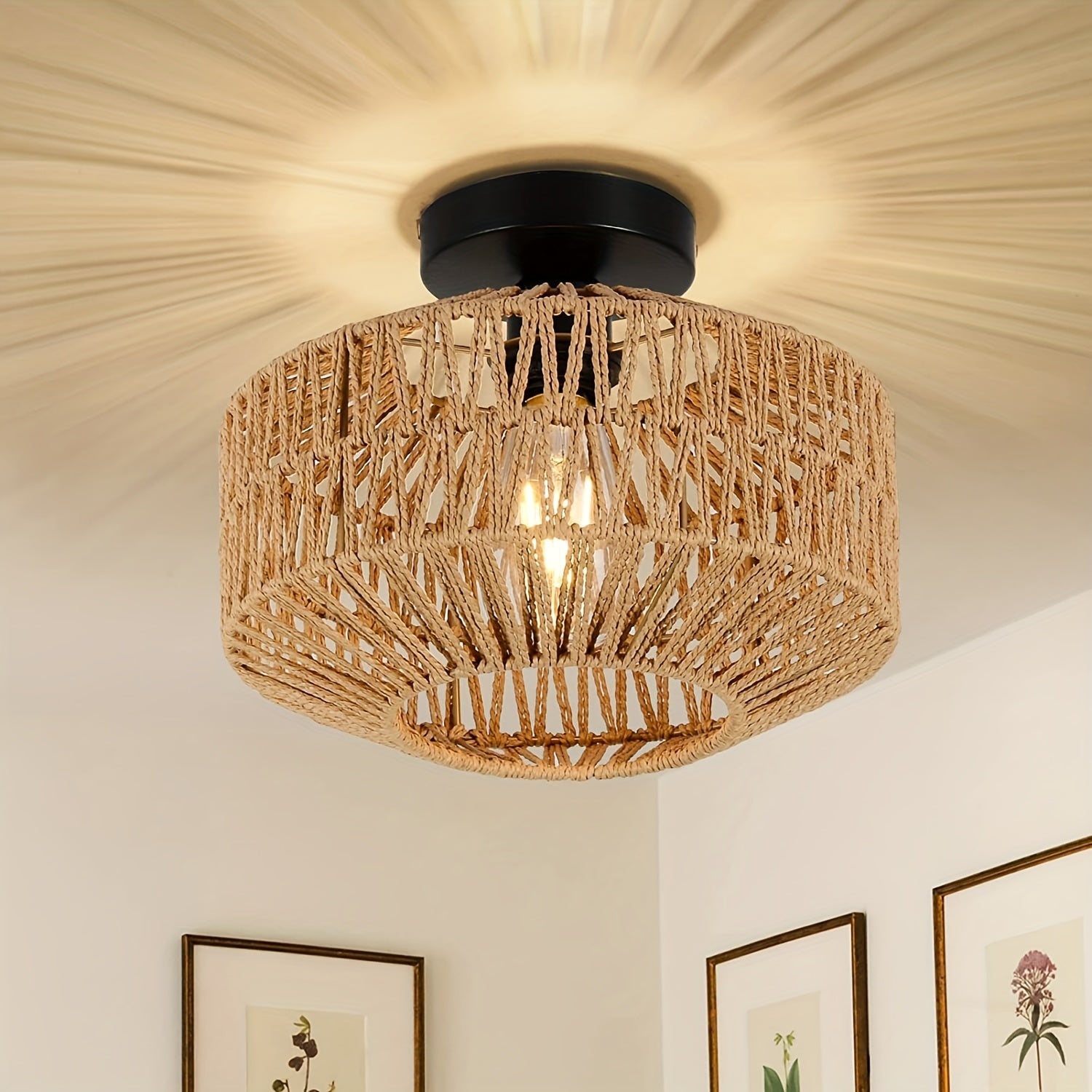 Handcrafted Rattan Bohemian Ceiling Light – Rustic Boho Charm for Bedroom Hallway Kitchen & Entryway (Light Bulb