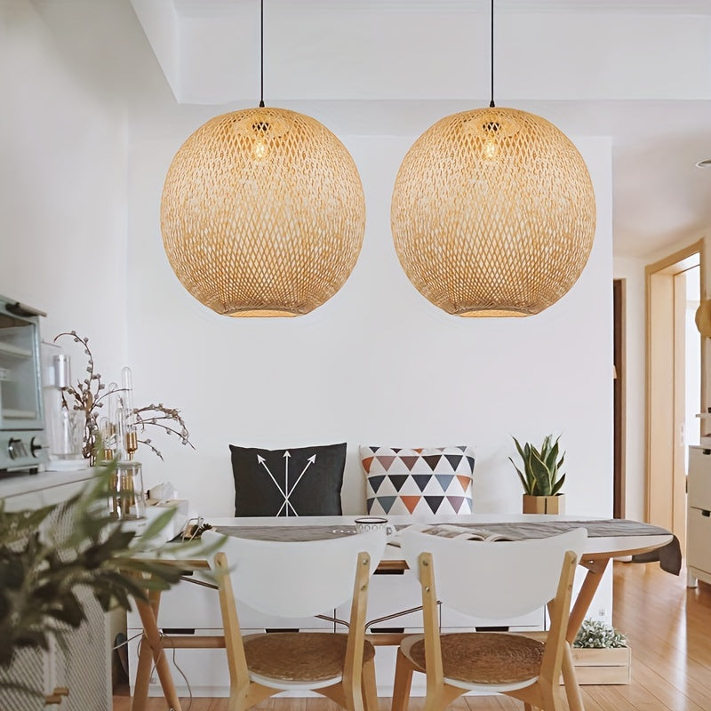 Handmade Bamboo Woven Pendant Light – Elegant Lighting for Living Room Dining Room and Kitchen Island (Light Source