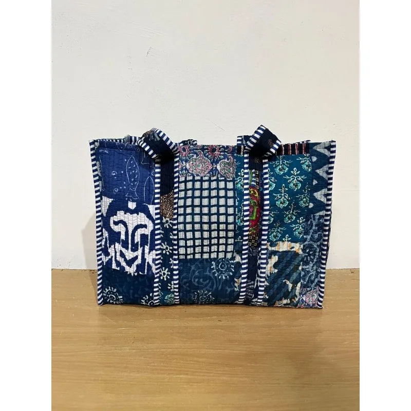 Handmade Indian Blue Patchwork Quilted Shoulder Tote Bag – 100% Cotton Handbag Perfect for Beach and Everyday Wear
