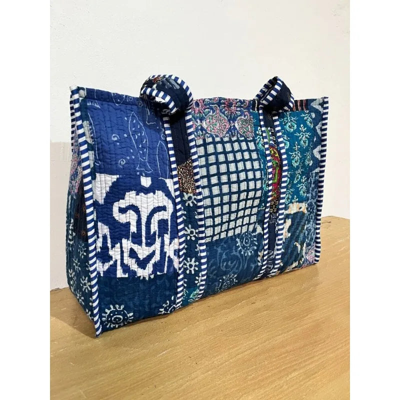 Handmade Indian Blue Patchwork Quilted Shoulder Tote Bag – 100% Cotton Handbag Perfect for Beach and Everyday Wear