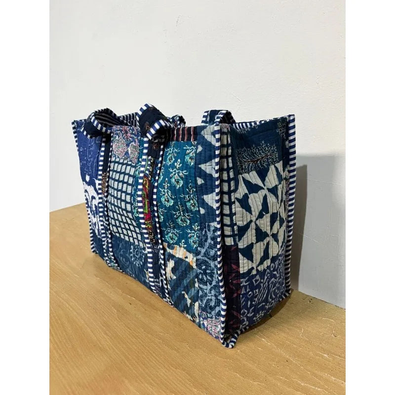 Handmade Indian Blue Patchwork Quilted Shoulder Tote Bag – 100% Cotton Handbag Perfect for Beach and Everyday Wear