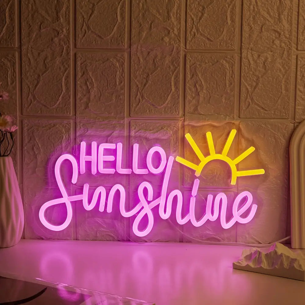 Hello Sunshine LED Neon Sign - Pink & Yellow USB Powered Wall Decor for Bedroom Game Room or Dining Area - Ideal