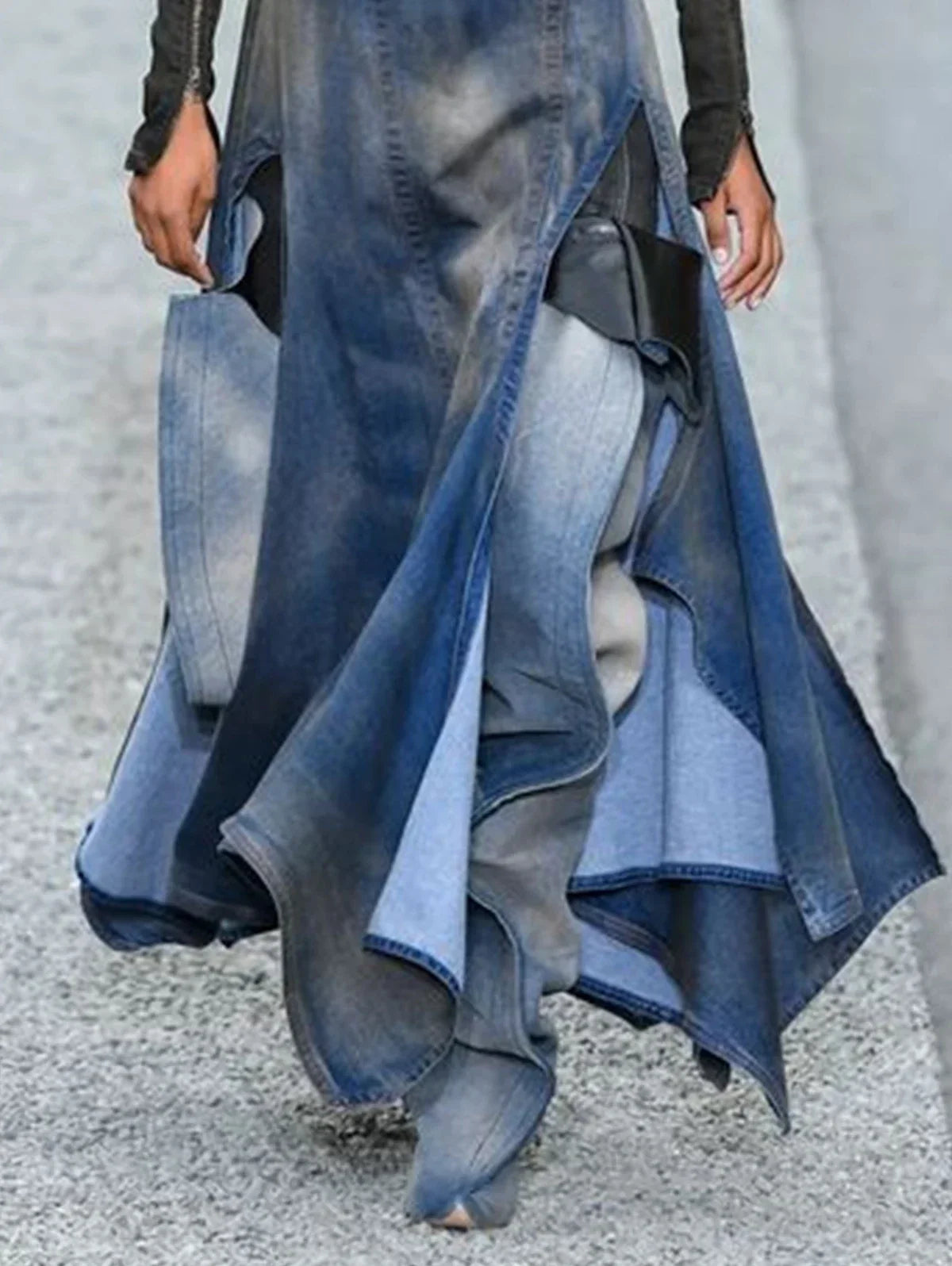 High Waist Patchwork Denim Skirt for Women - Sexy Irregular M-Shaped Slit Elegant Y2K Party Skirt 2024 Fashion - Maxi