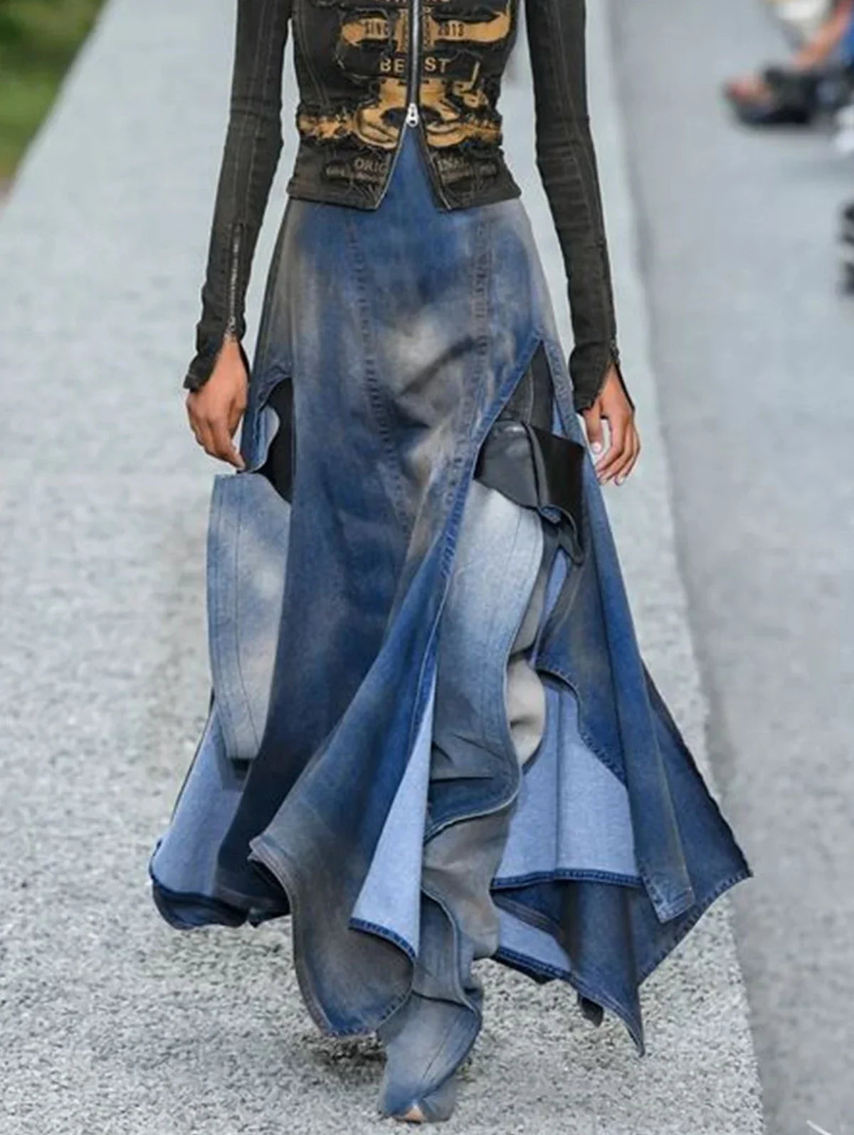 High Waist Patchwork Denim Skirt for Women - Sexy Irregular M-Shaped Slit Elegant Y2K Party Skirt 2024 Fashion - Blue