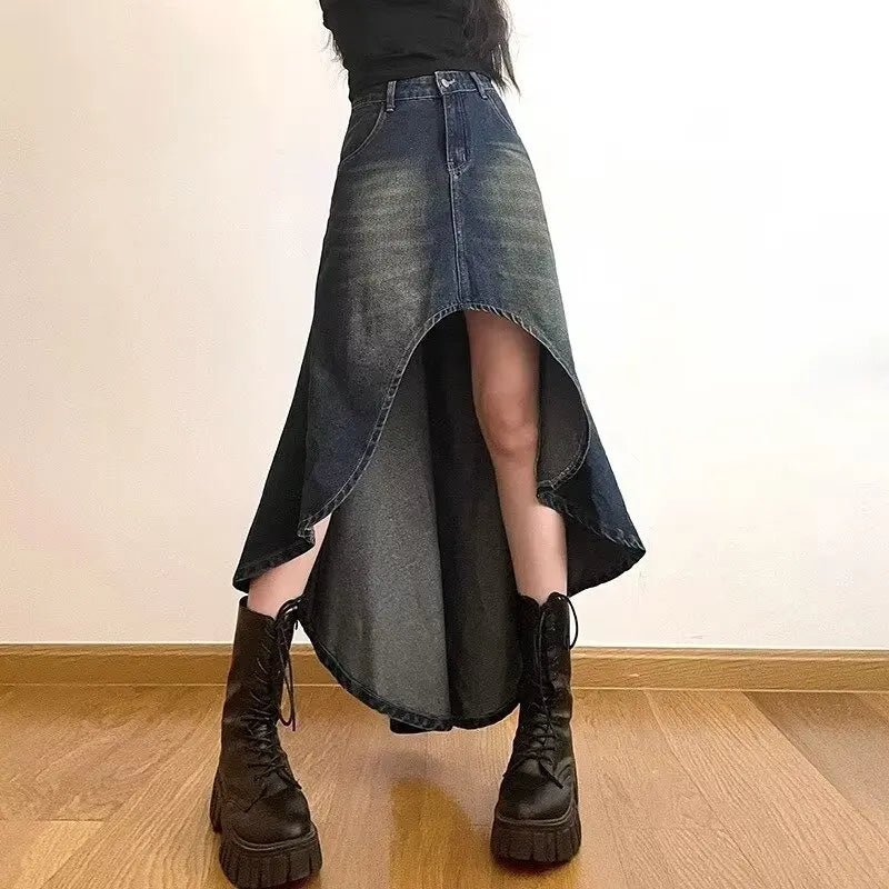 Irregular Vintage Y2K A-Line Denim Skirt for Women - Distressed High Street Hipster Ankle-Length Summer Fashion - Maxi