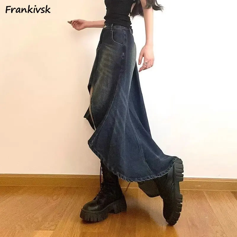 Irregular Vintage Y2K A-Line Denim Skirt for Women - Distressed High Street Hipster Ankle-Length Summer Fashion - Maxi