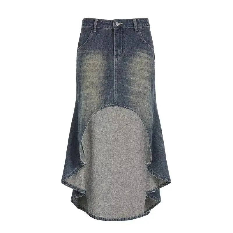 Irregular Vintage Y2K A-Line Denim Skirt for Women - Distressed High Street Hipster Ankle-Length Summer Fashion - blue