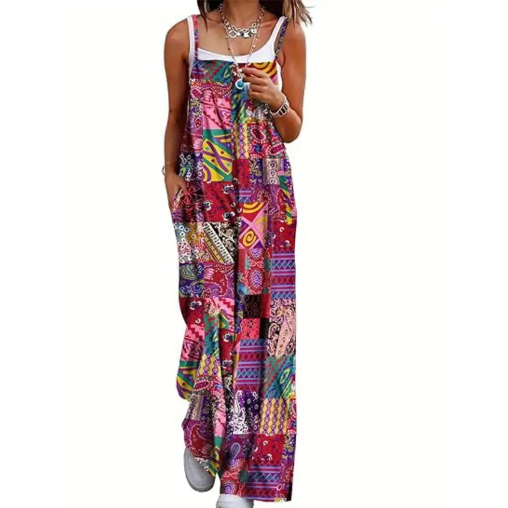 Ladies’ Casual Sleeveless Floral Jumpsuit - Summer Camisole Wide-Leg Overalls with Pockets - Jumpsuit