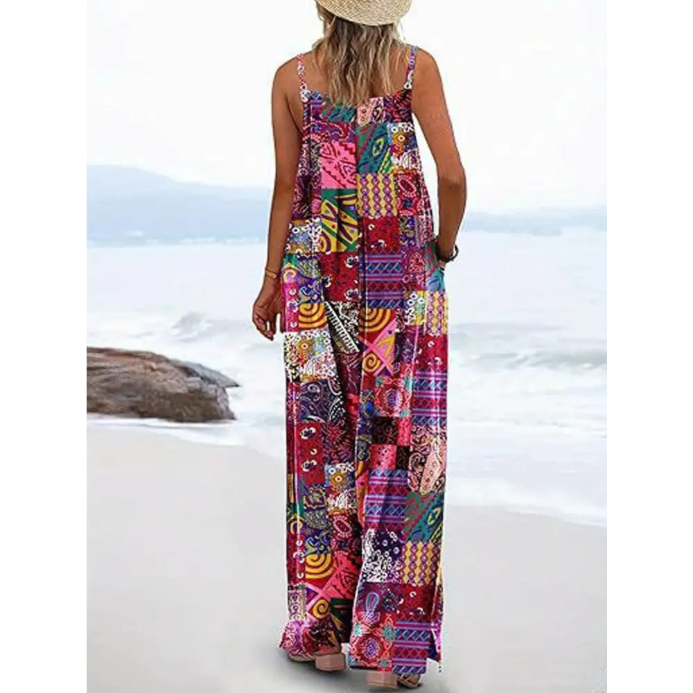 Ladies’ Casual Sleeveless Floral Jumpsuit - Summer Camisole Wide-Leg Overalls with Pockets - Jumpsuit