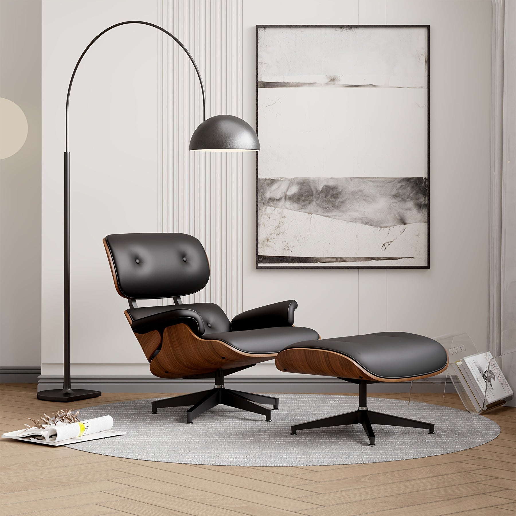 [Leather Lounge Chair With Ottoman] Genuine/PU Leather Lounge Chair With Ottoman Comfy Recliner With Wide Armrest Mid