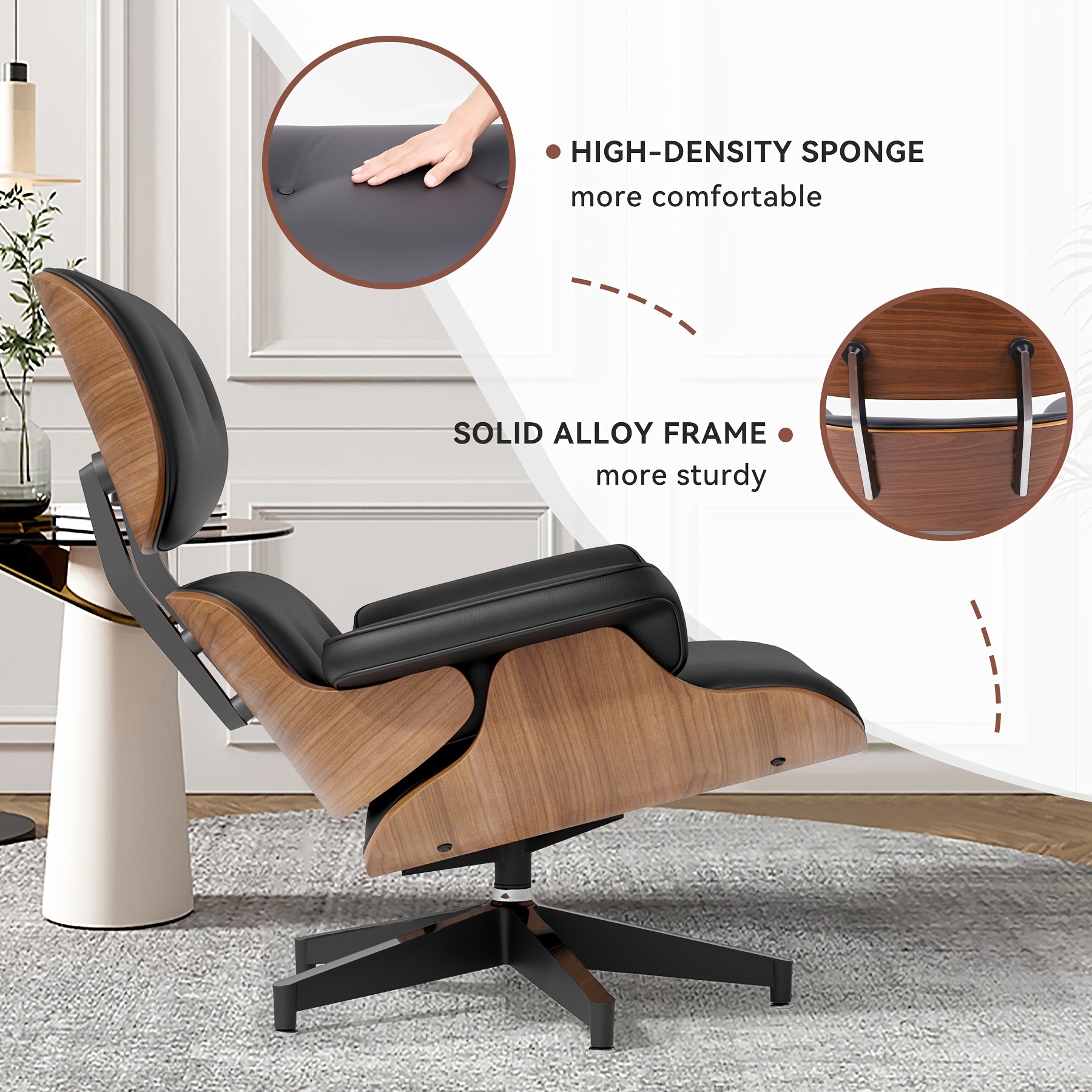 [Leather Lounge Chair With Ottoman] Genuine/PU Leather Lounge Chair With Ottoman Comfy Recliner With Wide Armrest Mid