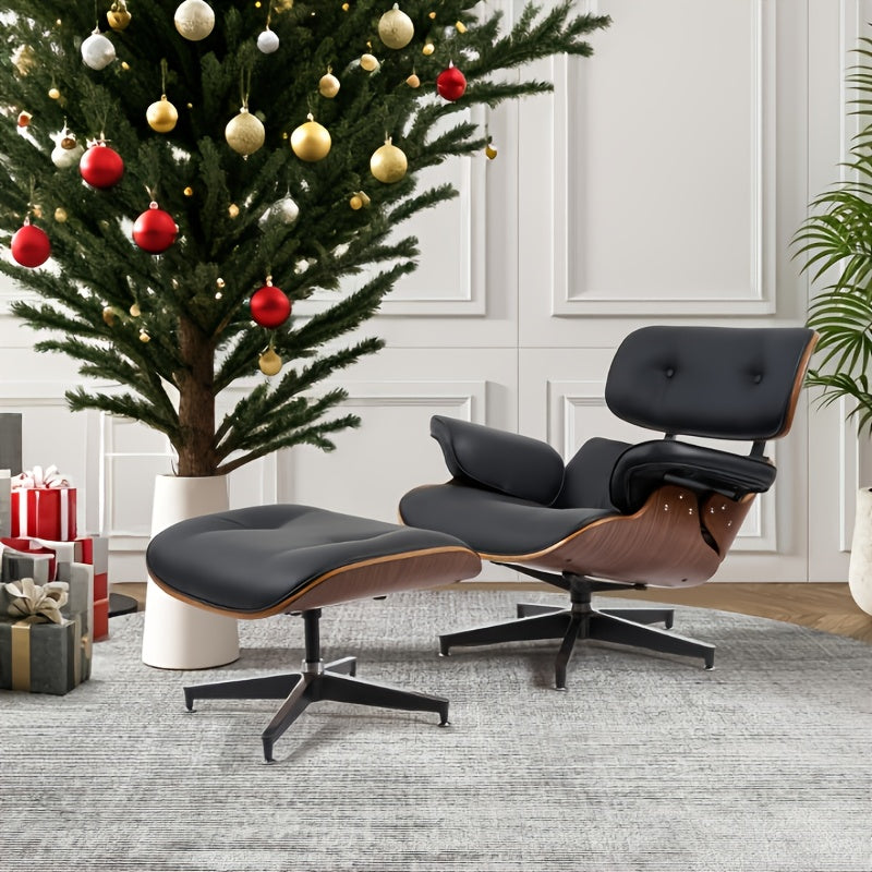 [Leather Lounge Chair With Ottoman] Genuine/PU Leather Lounge Chair With Ottoman Comfy Recliner With Wide Armrest Mid