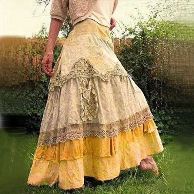 Luxury Women’S Elegant Dress Outfits Women’s Boho Tiered Long Lace Skirt Maxi Net Dresses - Yellow / XXXL / United