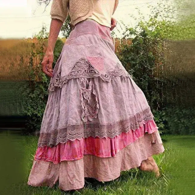 Luxury Women’S Elegant Dress Outfits Women’s Boho Tiered Long Lace Skirt Maxi Net Dresses - Pink / XXXL / United States
