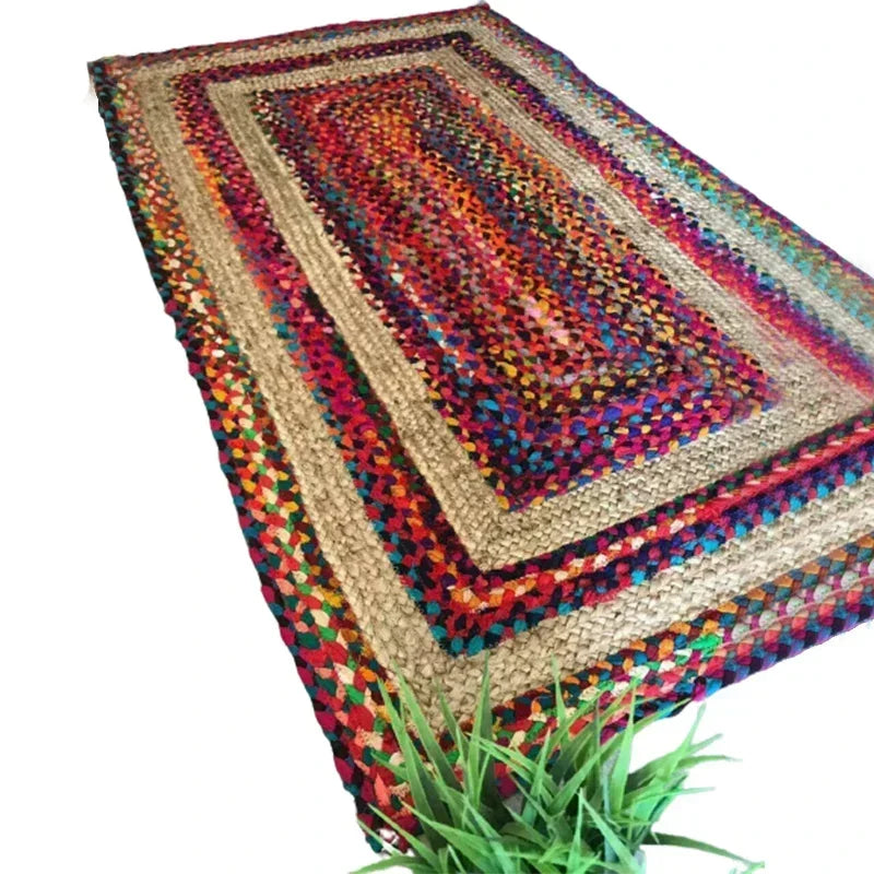 Modern Boho Rug – Natural Jute & Cotton Handmade Reversible Rectangle Carpet for Living Areas - Interior Rug