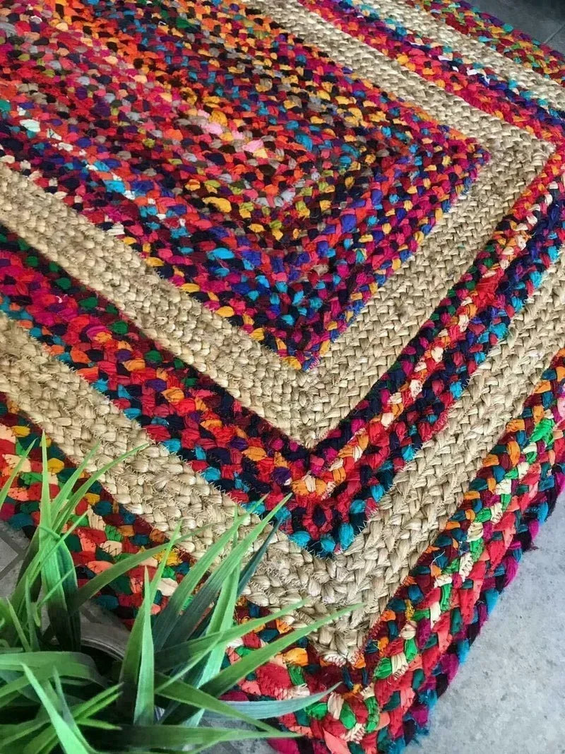 Modern Boho Rug – Natural Jute & Cotton Handmade Reversible Rectangle Carpet for Living Areas - Interior Rug