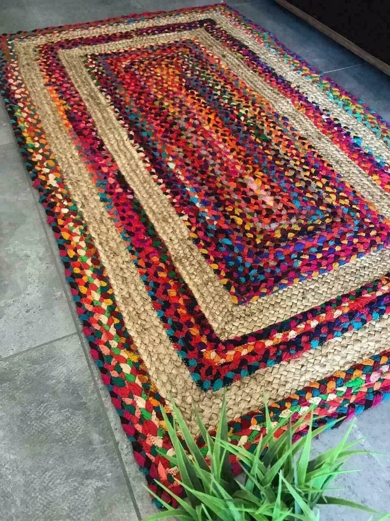 Modern Boho Rug – Natural Jute & Cotton Handmade Reversible Rectangle Carpet for Living Areas - Interior Rug