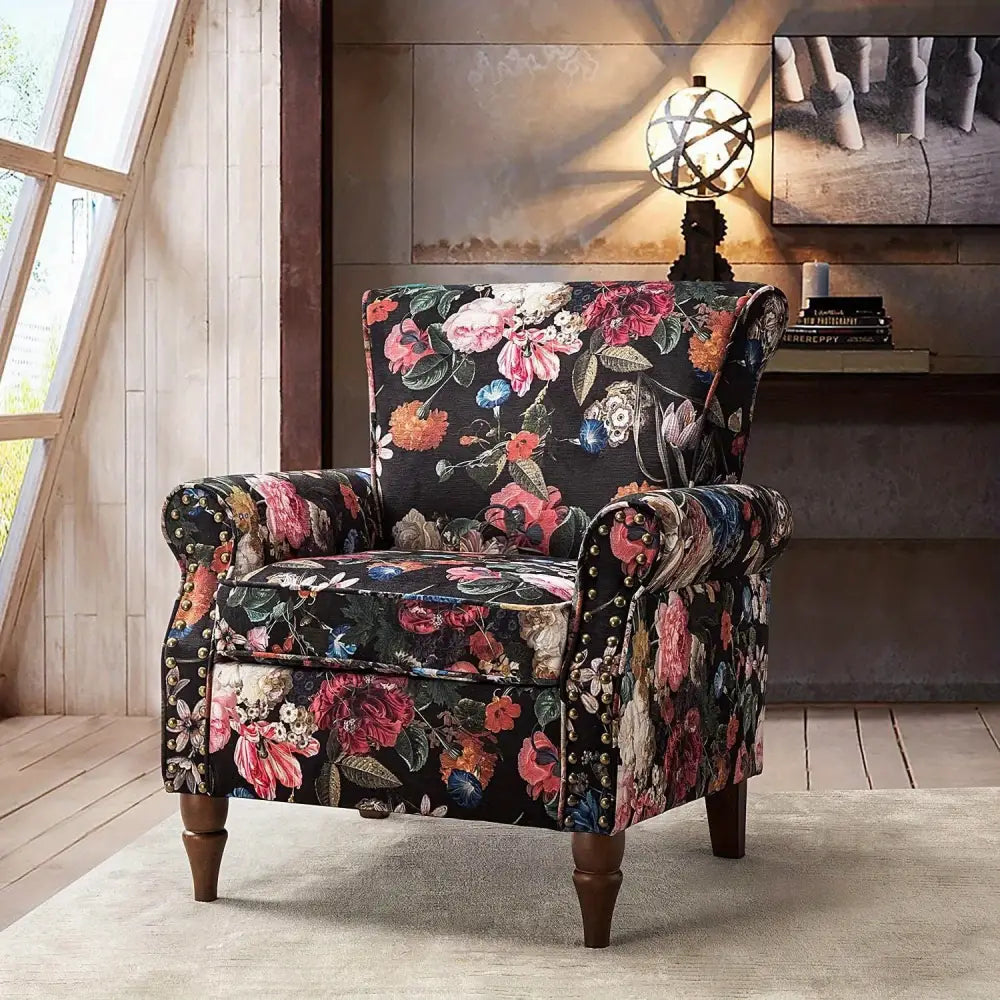 Modern Wingback Accent Chair with Wood Legs & Removable Cushion - Floral Upholstered Armchair with Nailhead Trim