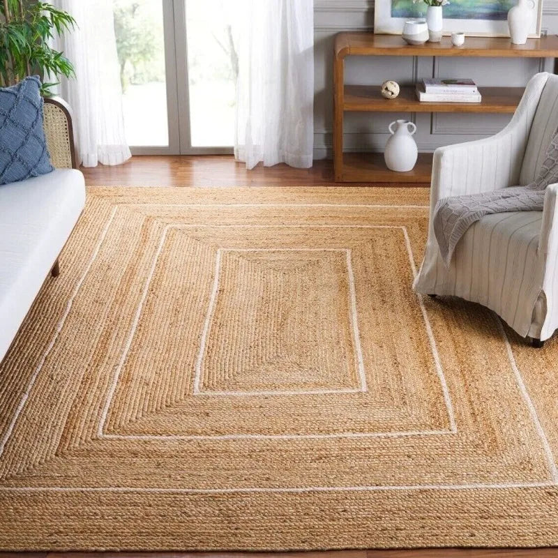Natural Jute Rug with White Stripes – Rectangular Boho Chic Style Large Area Rug - 270x360cm - Interior and Exterior Rug