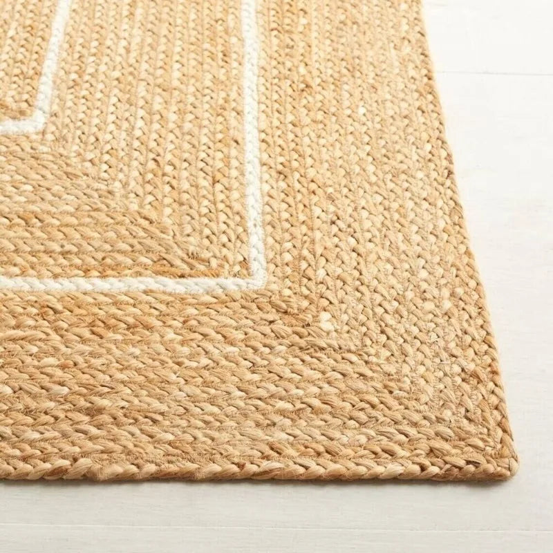 Natural Jute Rug with White Stripes – Rectangular Boho Chic Style Large Area Rug - Interior and Exterior Rug