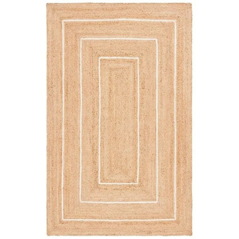 Natural Jute Rug with White Stripes – Rectangular Boho Chic Style Large Area Rug - Interior and Exterior Rug