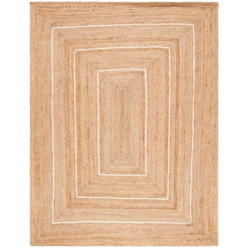 Natural Jute Rug with White Stripes – Rectangular Boho Chic Style Large Area Rug - Interior and Exterior Rug