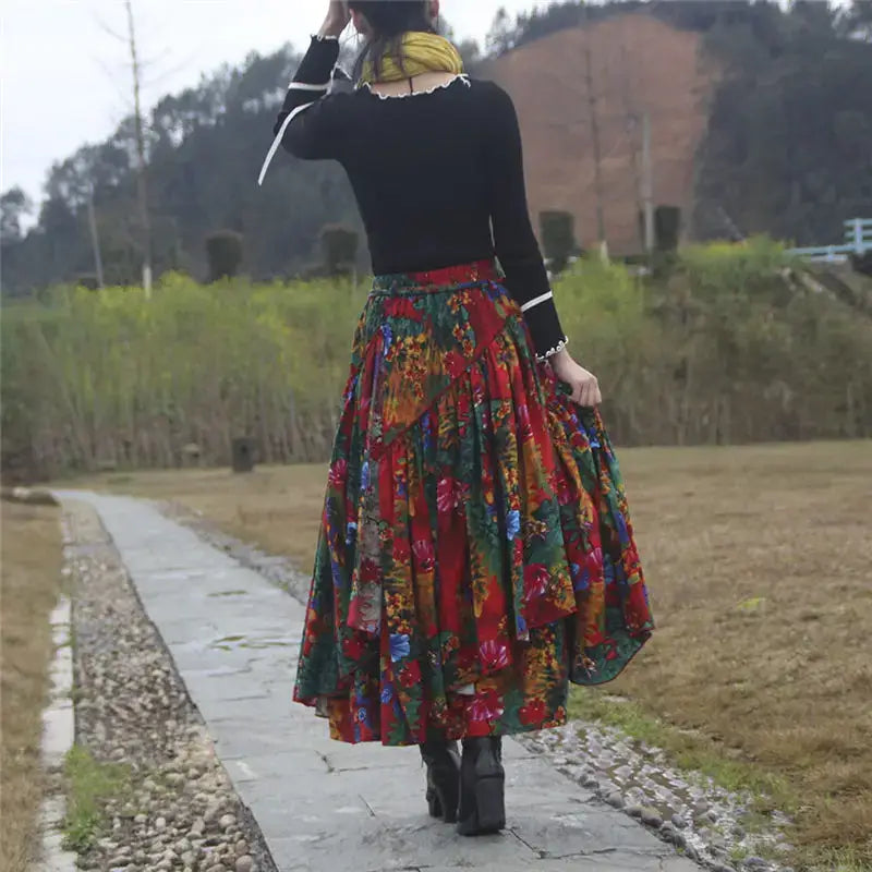 Patchwork Flower Print Long Cotton Linen Skirt Women Elastic Waist Autumn Irregular Maxi Skirt - customized