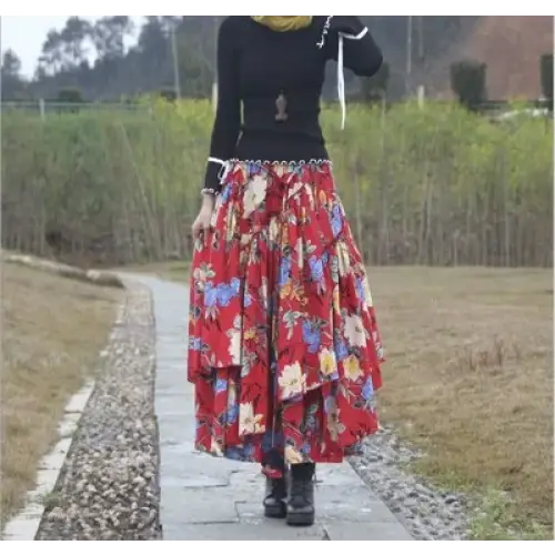 Patchwork Flower Print Long Cotton Linen Skirt Women Elastic Waist Autumn Irregular Maxi Skirt - 41 / One Size