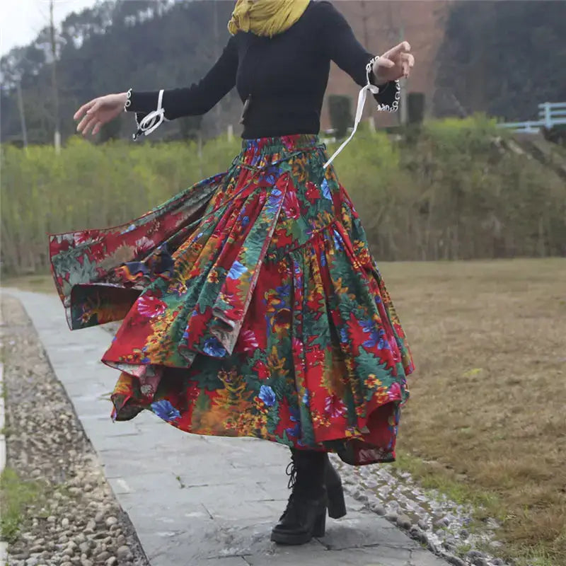 Patchwork Flower Print Long Cotton Linen Skirt Women Elastic Waist Autumn Irregular Maxi Skirt - customized