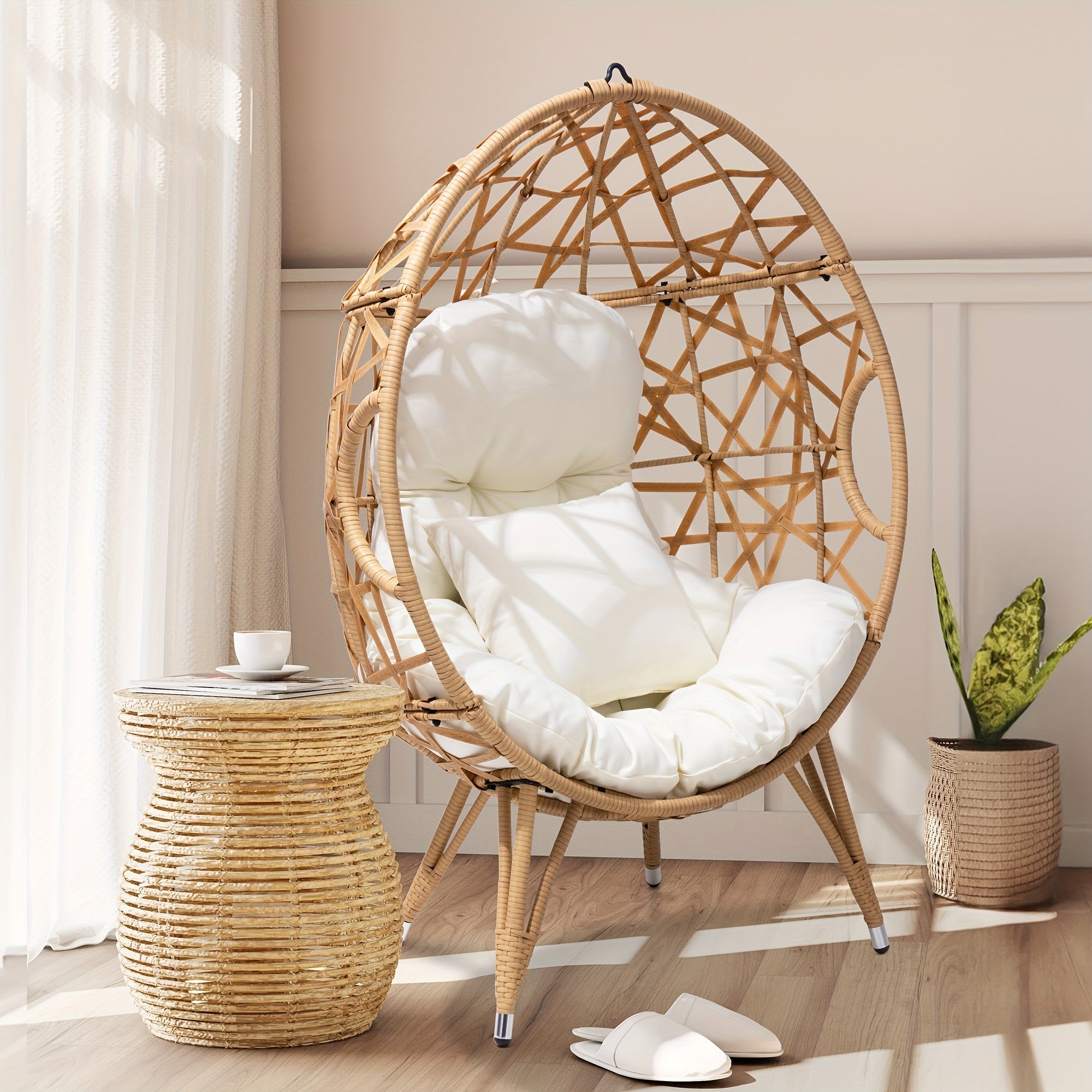 Patio Wicker Egg Chair with Cushion and Pillow Oversized Rattan Hanging Basket Lounge Chair with Legs Teardrop Cuddle