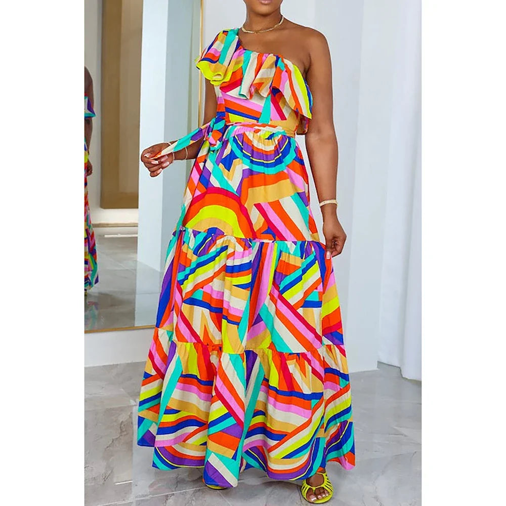 Plus Size Multicolor Casual All Over Print One Shoulder Ruffle Rainbow Maxi Dresses - Maxi Dresses