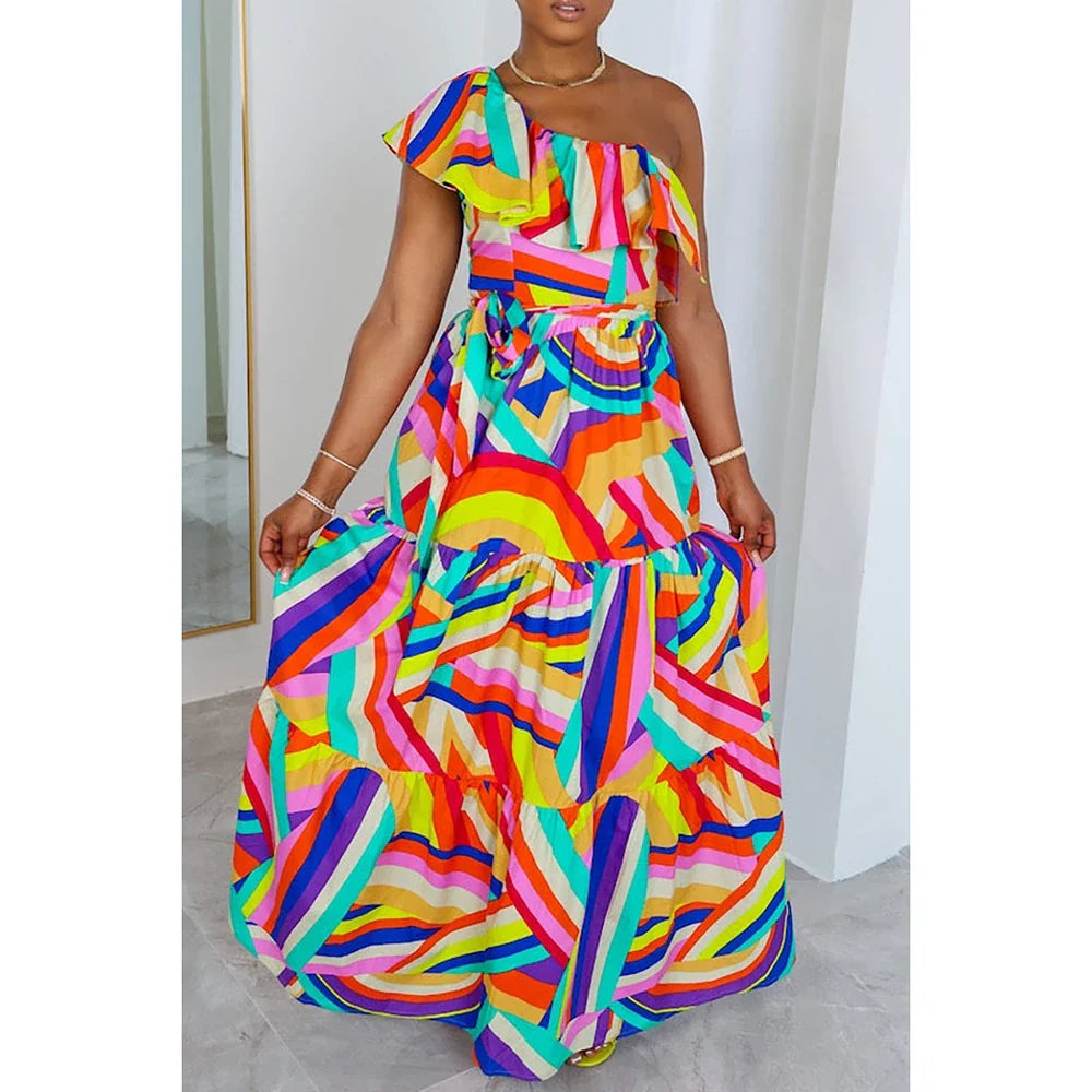 Plus Size Multicolor Casual All Over Print One Shoulder Ruffle Rainbow Maxi Dresses - Multicolor / 3XL - Maxi Dresses