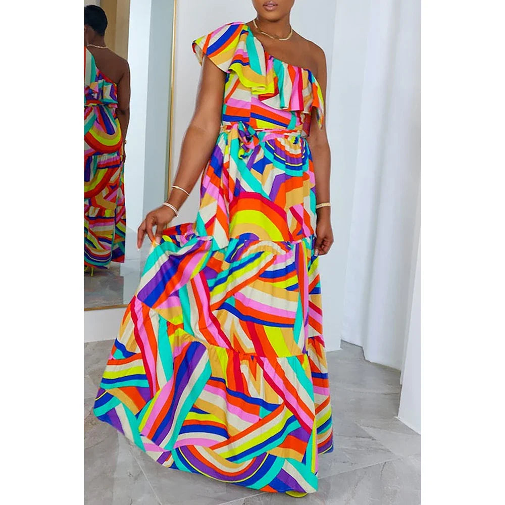 Plus Size Multicolor Casual All Over Print One Shoulder Ruffle Rainbow Maxi Dresses - Maxi Dresses