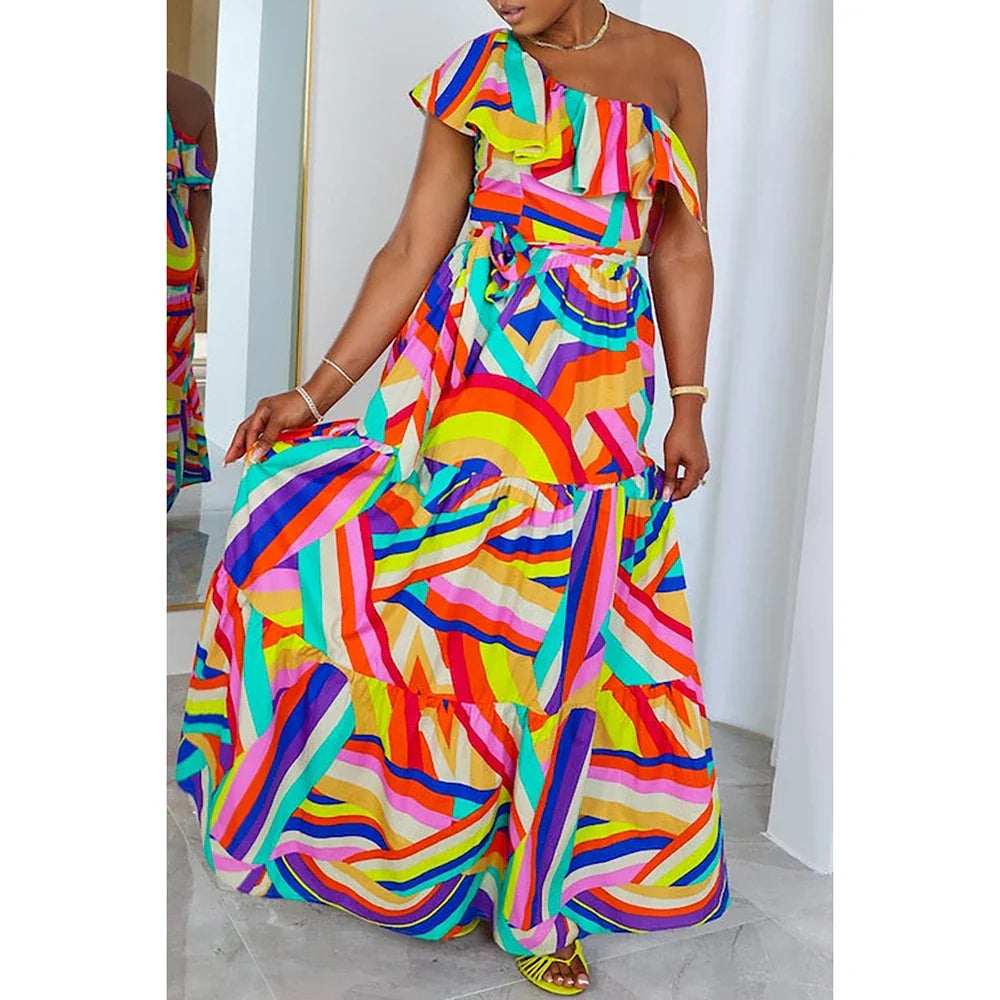 Plus Size Multicolor Casual All Over Print One Shoulder Ruffle Rainbow Maxi Dresses - Maxi Dresses