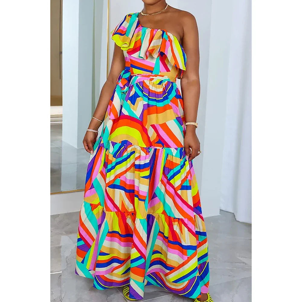 Plus Size Multicolor Casual All Over Print One Shoulder Ruffle Rainbow Maxi Dresses - Maxi Dresses