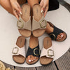 Summer Chic Faux Leather Open Toe Slides  Comfy Slipon Flat Shoes with Buckle Strap Design Fabric Lining EVA Sole and Solid Color Pattern  Perfect for Casual Outdoor Activities
