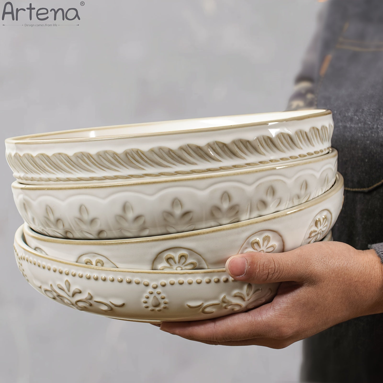 4piece set of oversized Artena embossed geometric pattern ceramic pasta bowls 4