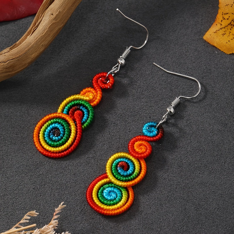 Rainbow Vibrant Boho Eco Chic Handmade Dangle Earrings  Multicolor FourLayer Retro Swirl Design