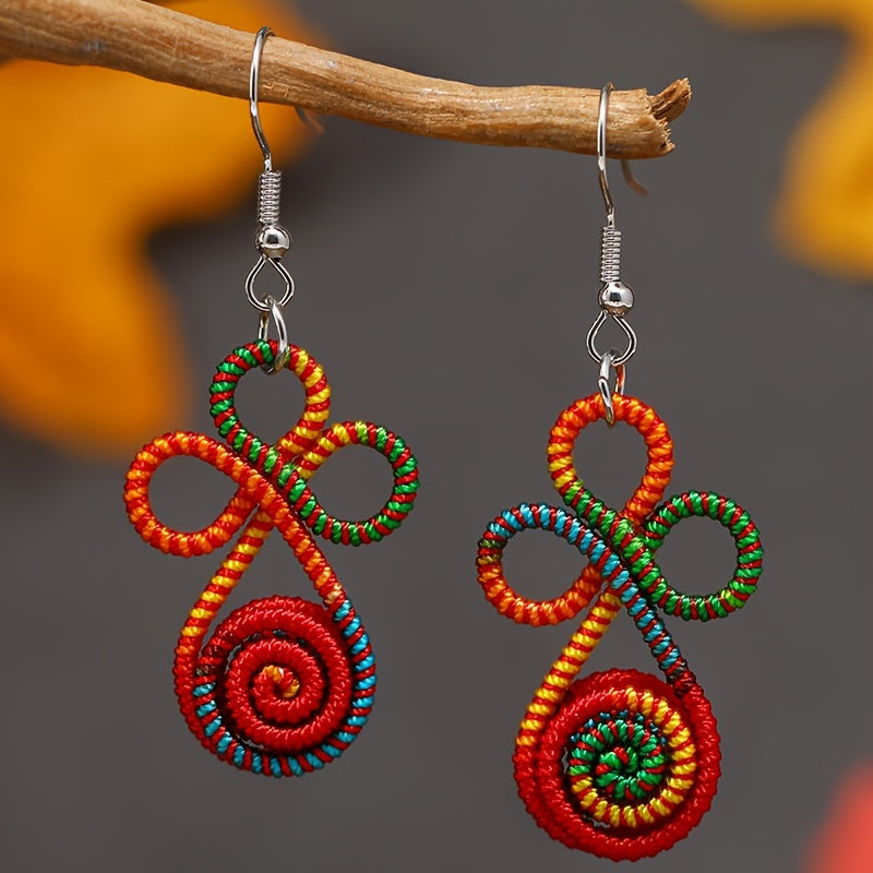 Boho Eco Chic Retro Ethnic Spiral Dangle Earrings  Handmade Statement Jewelry with Vintage Bohemian Style 