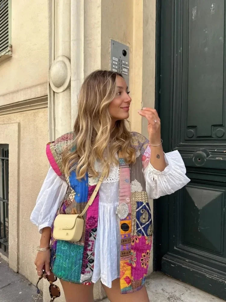 Printed Floral Patchwork Vest for Women - Sleeveless Loose Waistcoat Sweet Vintage Autumn Streetwear - Patchwork Vest